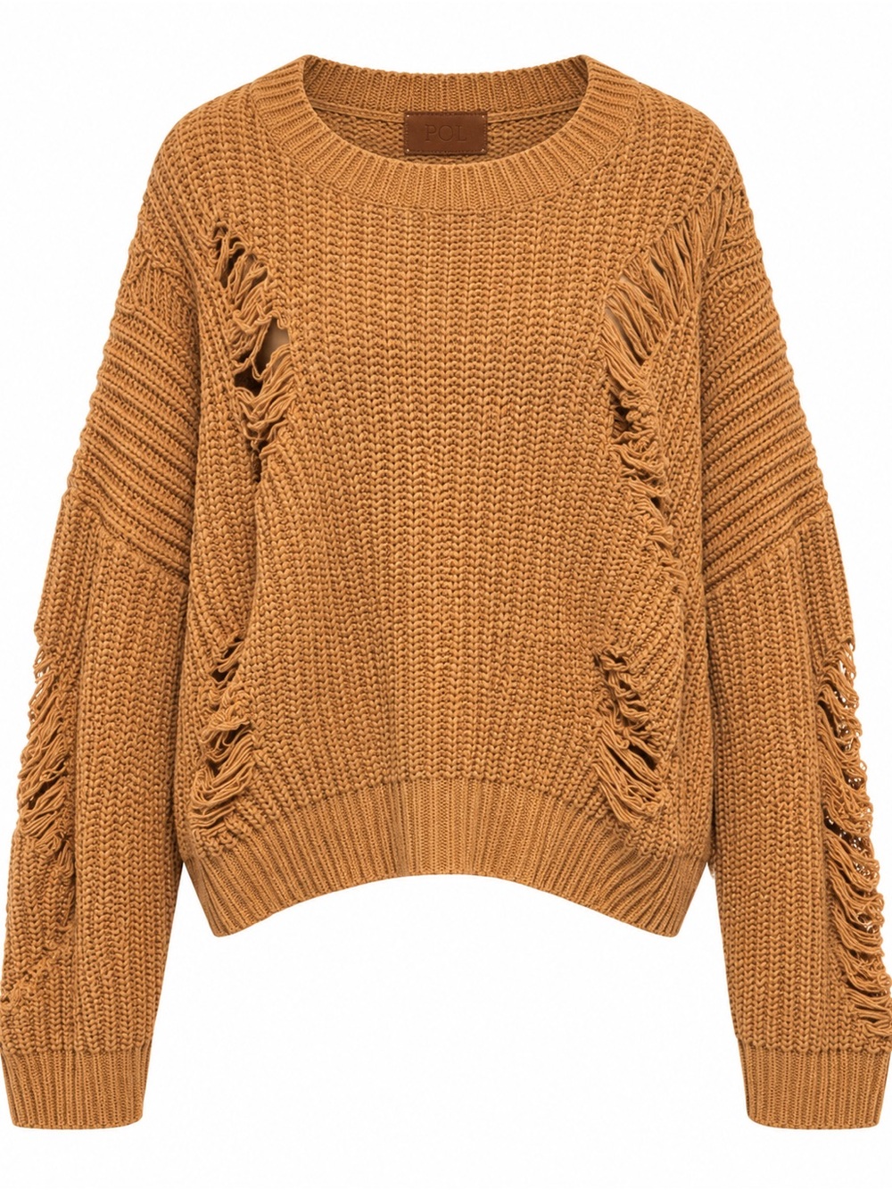 POL Camel Distressed Oversized Chunky Knit Sweater Boho Cropped Pullover Medium